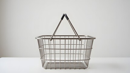 Stylish metal shopping basket ready for groceries, a symbol of retail therapy and mindful consumption, perfect for ads or website mockups