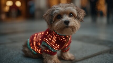 christmas technology Adorable dog in festive attire poses for the camera.