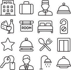 Vector monochrome line icon set about hotel