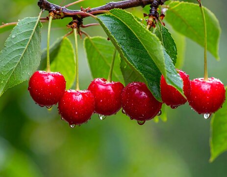 Close-up of ripe, red fruit, water droplets on green foliage