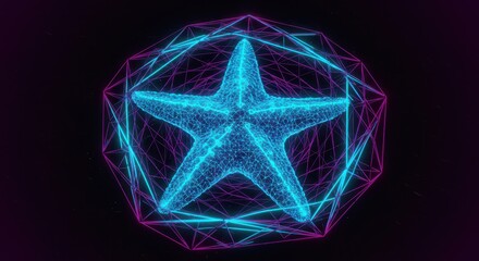 Glowing digital starfish shape is encased within a futuristic geometric wireframe structure against a dark background