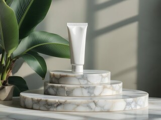 Elegant skincare product on marble display with lush plant creates a sophisticated beauty aesthetic for luxury brand marketing and wellness promotion