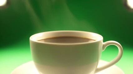Close up steaming hot cup of coffee with froth and swirling steam rising on a festive green background