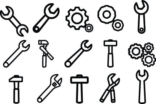 Mechanical tools icon set, gear symbols, wrench, hammer, pliers, black and white vector, cad drawing flat vector illustration