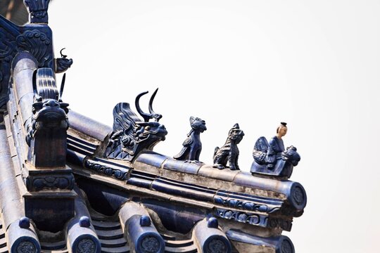 Ornate Roofline of Traditional Chinese Architecture with Mythical Ceramic Figures and Cultural Symbolism - Powered by Adobe
