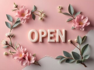 Welcome customers with a charming floral 'Open' sign for your boutique or cafe, inviting them in with soft pastel tones and a touch of elegance