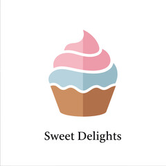 Sweet Delights cupcake logo with pink and blue frosting icon.