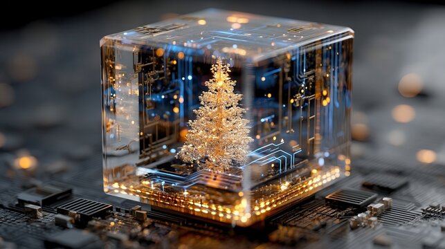 christmas technology Abstract digital cube with glowing circuitry and a tree inside.
