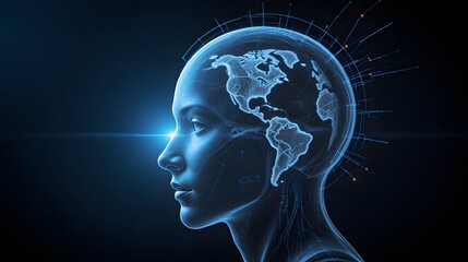 Futuristic AI concept with world map brain for global technology solutions, science innovation, and next generation cyber security in a modern digital world.