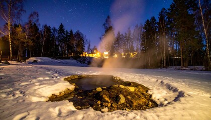 A night scene showcases steam rising from a natural hot spring surrounded by snow, under a starry sky. Buildings and trees silhouette the horizon