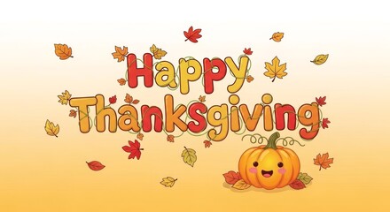 Cheerful Happy Thanksgiving Illustration with Cute Pumpkin and Autumn Leaves