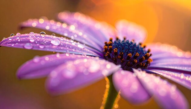 Close up Macro Shot of a Purple Daisy Covered in Morning Dew Drops at Sunrise With Golden Light Bokeh Background