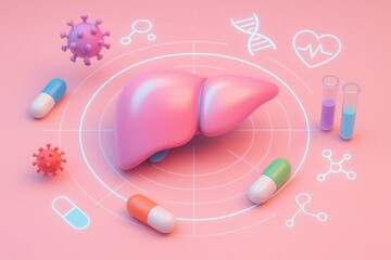 The Liver in Focus: A detailed medical illustration highlights the human liver, complemented by related health symbols and medicinal elements, emphasizing health, wellness, and medical concepts.