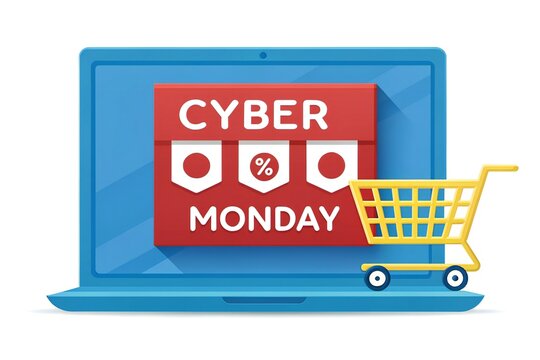 Cyber Monday Laptop with Shopping Cart and Discount Icons