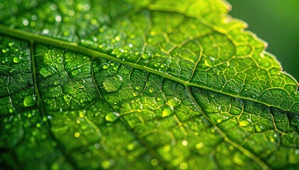 Close up of a vibrant green leaf surface covered in sparkling water droplets in bright sunlight