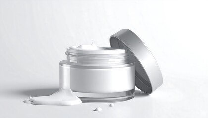 Elegant White Cream Jar with Open Lid and Cream Spill.