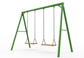 Green metal swing set with two wooden seats isolated on white background
