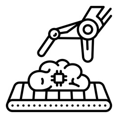 Automated AI Brain Chip Production Line Icon. Robotic Claw Handling a Brain Chip on a Conveyor Belt - Concept for the Mass Production of Robotic Intelligent Systems.