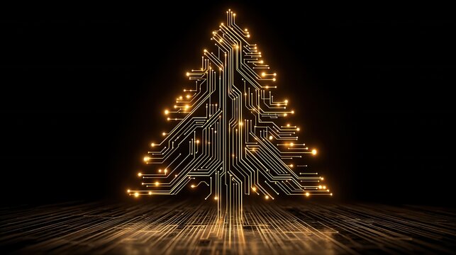 christmas technology Digital tree design with circuit patterns and glowing lights.