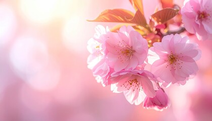 Close-up Of Delicate Pink Cherry Blossoms Illuminated By Warm Golden Sunlight With Soft Bokeh Background During Spring