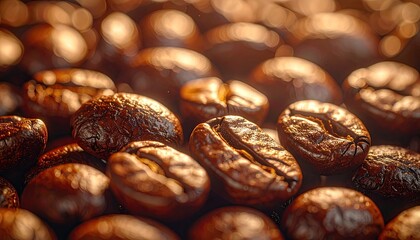 Close up of Dark Roasted Coffee Beans with Warm Soft Studio Lighting and Shallow Depth of Field