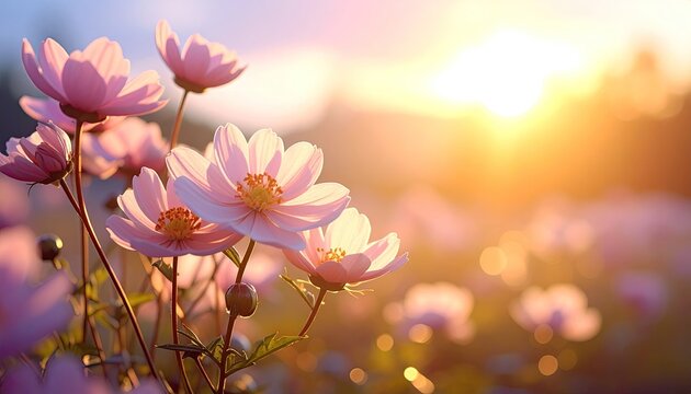 Close up of delicate pink cosmos flowers in a field bathed in the warm golden light of a setting sun creating a soft romantic atmosphere with a shallow depth of field