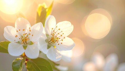 Close up of delicate white cherry blossoms with vibrant golden hour sunlight creating a soft bokeh effect in the background perfect for spring and nature themes