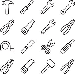 Vector monochrome line icon set about tools