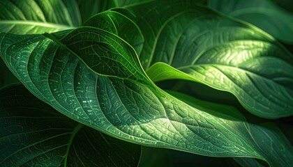 Close up of vibrant green leaves with dew drops sparkling in sunlight creating a natural bokeh effect a macro shot in a lush garden during daytime