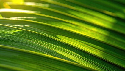 Close Up of Vibrant Green Palm Leaves with Golden Sunlight Streaks and Subtle Sparkle Details