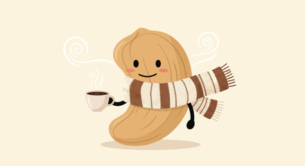 A Cheerful Cashew Nut Wearing a Scarf and Enjoying a Cup of Coffee