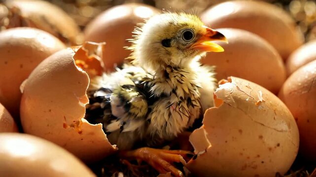 Hatching Chick Emerging from Egg in Nest Closeup