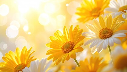 Close up of vibrant yellow and white daisies with soft bokeh background and warm sunlight illuminating the petals, capturing a bright and cheerful spring atmosphere
