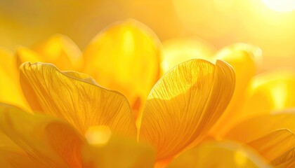 Close up of vibrant yellow flower petals illuminated by warm golden sunlight with soft focus background and bokeh effect