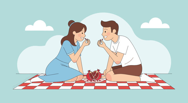 A Couple Enjoys A Delightful Picnic Featuring Pomegranate Amidst Serene Skies