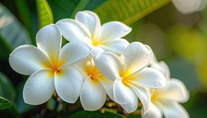 Close Up Of White Plumeria Flowers With Yellow Centers And Green Leaves In Soft Sunlight