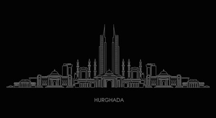 Fototapeta premium Minimalist Cityscape Hurghada's Architectural Silhouette in Vector Outline on Black Background