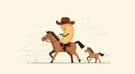 A Cheerful Peanut Cowboy Rides a Horse in the Desert with a Colt Under the Sun