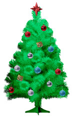Green Christmas tree decorated with colorful ornaments and star topper isolated on white background with clipping path. Festive holiday decoration symbolizing joy and celebration PNG File.