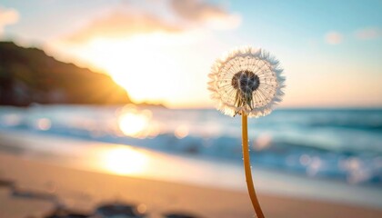 CloseUp Macro Of A Dandelion Seed Head In Sunlight With Ocean Waves And Sandy Beach In The Background At Sunset Golden Hour