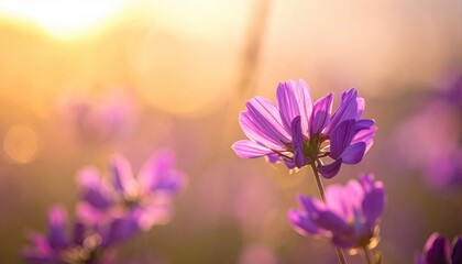 Delicate purple wildflowers bathed in warm golden hour sunlight creating a dreamy bokeh background in a meadow at sunrise