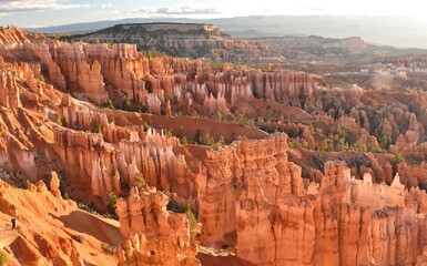 Orange hoodoos at sunrise in the amphitheater of Bryce Canyon National Park in Utah.