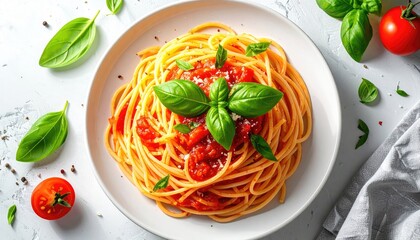Delicious Spaghetti With Tomato Sauce And Fresh Basil Garnish Top View Overhead Shot On White Table With Scattered Cherry Tomatoes And Green Leaves