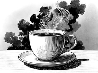 Black and white illustration of a steaming cup of coffee on a saucer with smoky background, drawn in fine line art style expressing warmth, aroma, and minimalist elegance.
