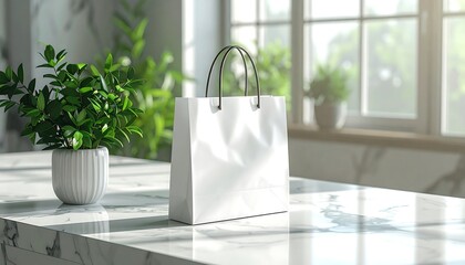 Elegant White Shopping Bag Mockup on Marble Countertop.