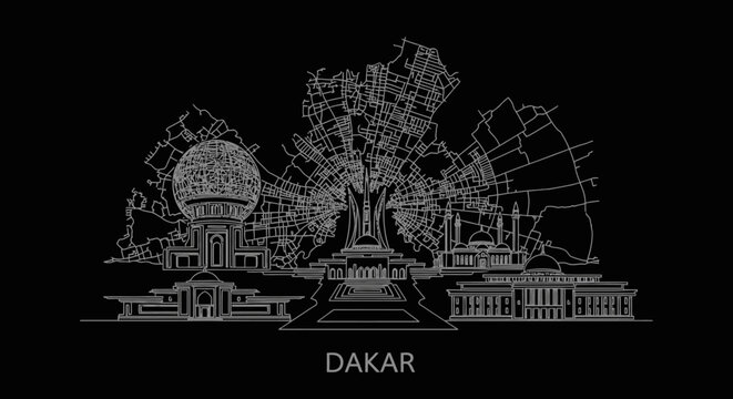 Minimalist white line art illustration of the Dakar, Senegal city skyline featuring famous landmarks and an intricate street map design on a black background