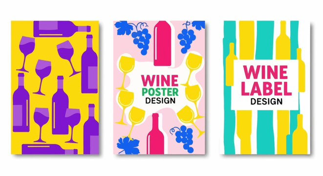 Colorful Wine Posters and Labels with Bottles, Glasses, and Grape Decorations for Beverage Design