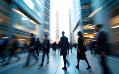 abstract motion blur image of business people crowd walking at corporate office in city downtown, blurred background, business center concept. High quality
