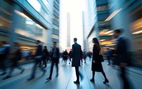 abstract motion blur image of business people crowd walking at corporate office in city downtown, blurred background, business center concept. High quality