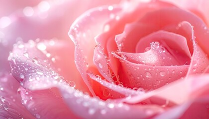 Macro shot of a delicate pink rose with water droplets glistening in soft studio lighting showcasing intricate petal details and subtle iridescent highlights creating a romantic and serene atmosphere